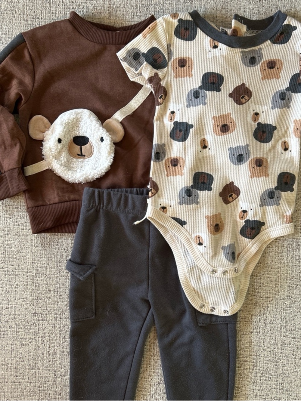 Neutral Bear Baby Outfit Set - Brown & Cream